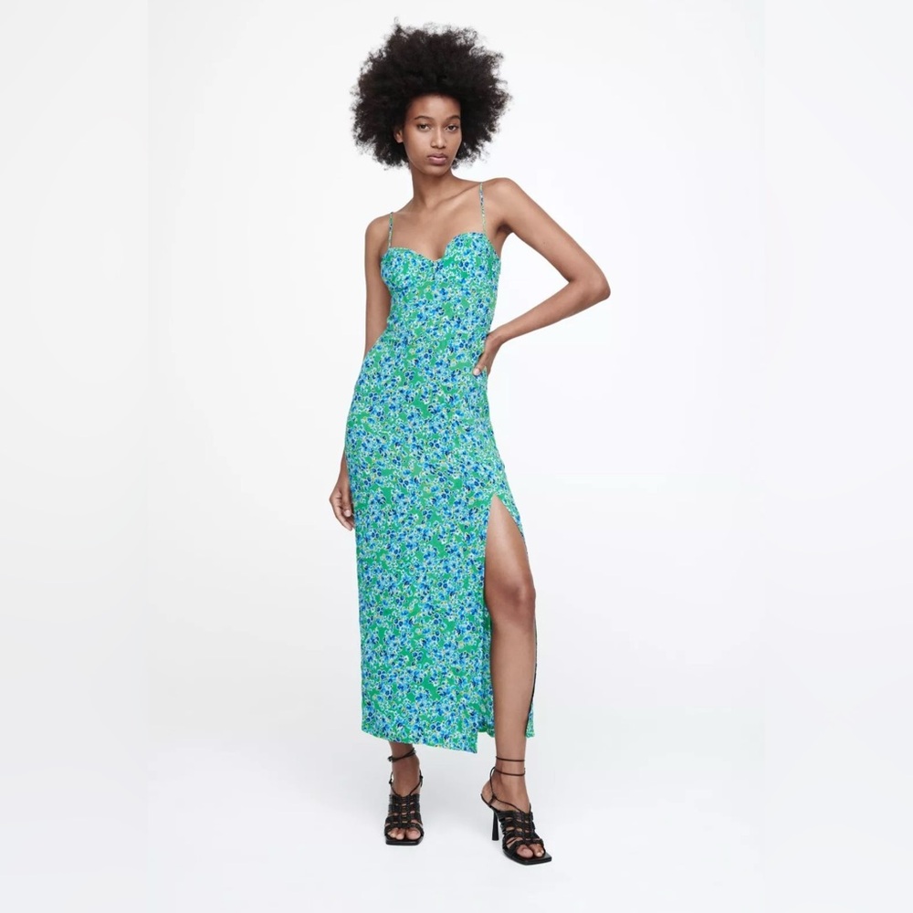 ZARA FLORAL PRINT CORSETRY-INSPIRED DRESS GREEN BLUE SUMMER MIDI S Small